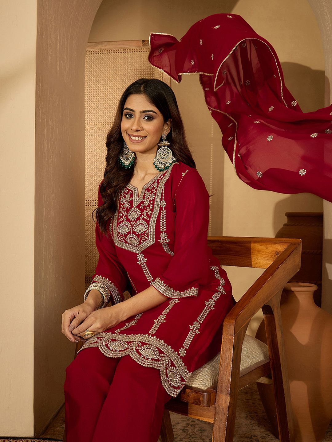 Dhiyona SN Georgette Zari Sequence Embroidered Kurta With Palazzos And Dupatta