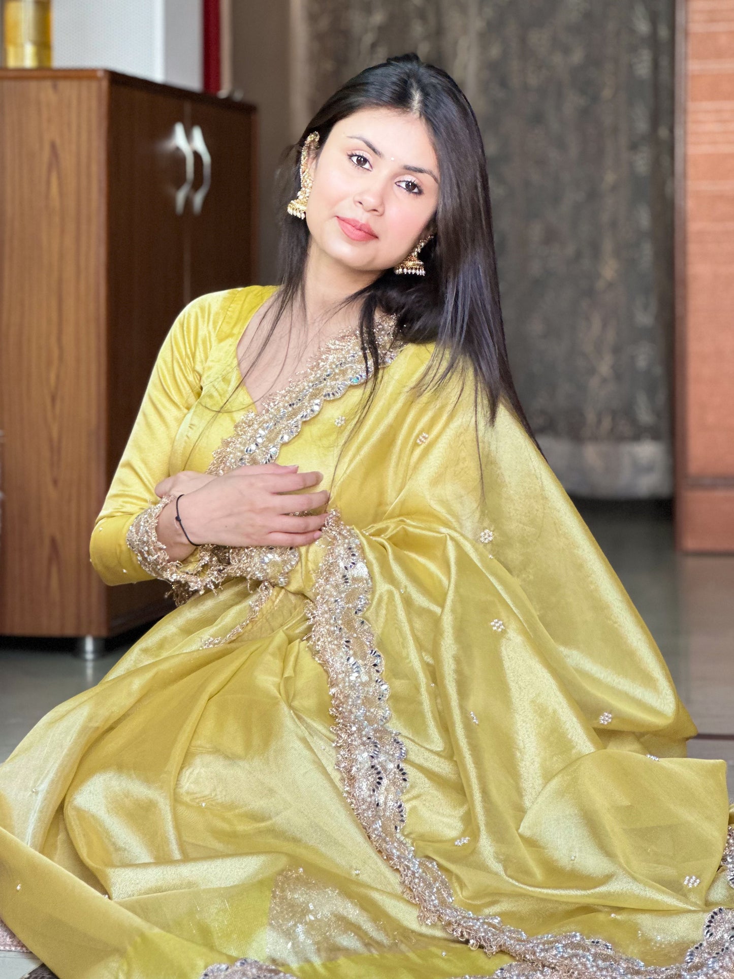 Dhiyona HH Gul-e-Zar Soft Gold Pearl Motif Handwork Saree with Mirror work Borders