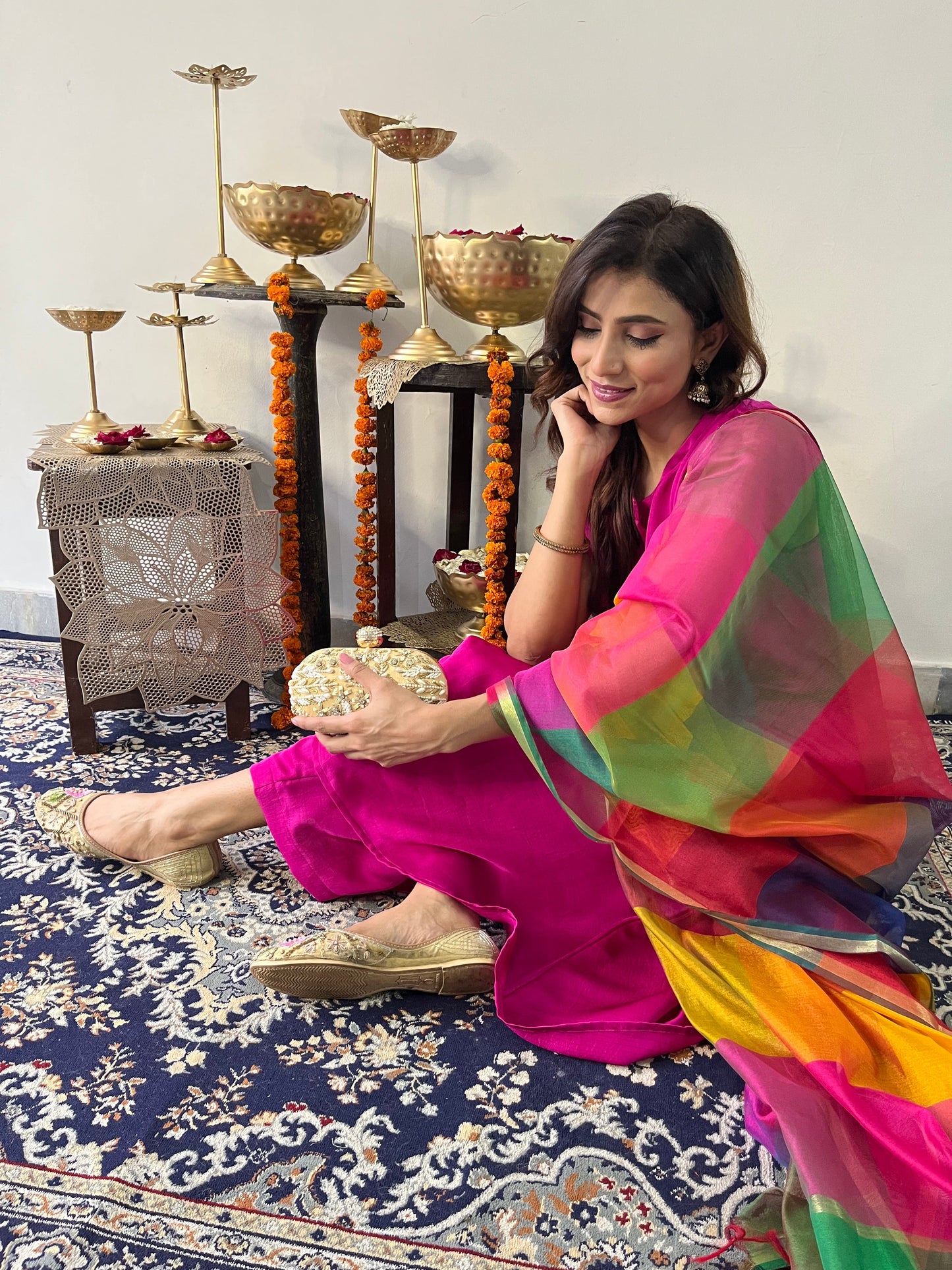 Dhiyona ST 3 Pc Suit Set - Fuschia Lux Sleeveless Suit with Multicolor Dupatta