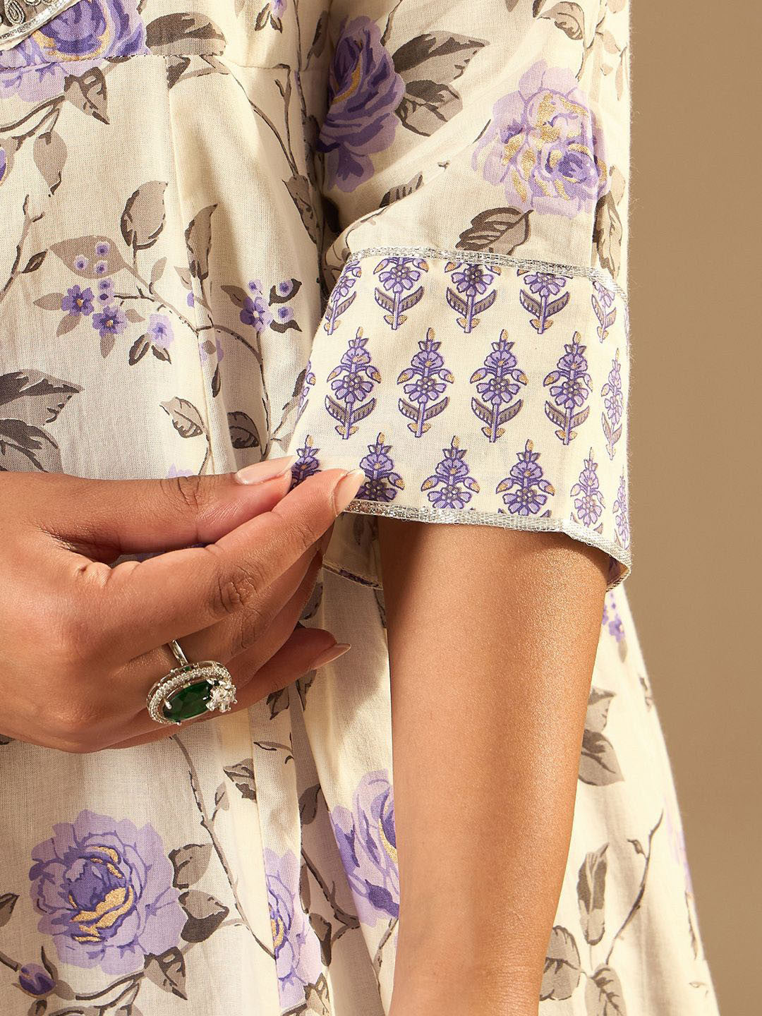 Floral Printed A-Line Sequinned Pure Cotton Kurta with Trousers & Dupatta
