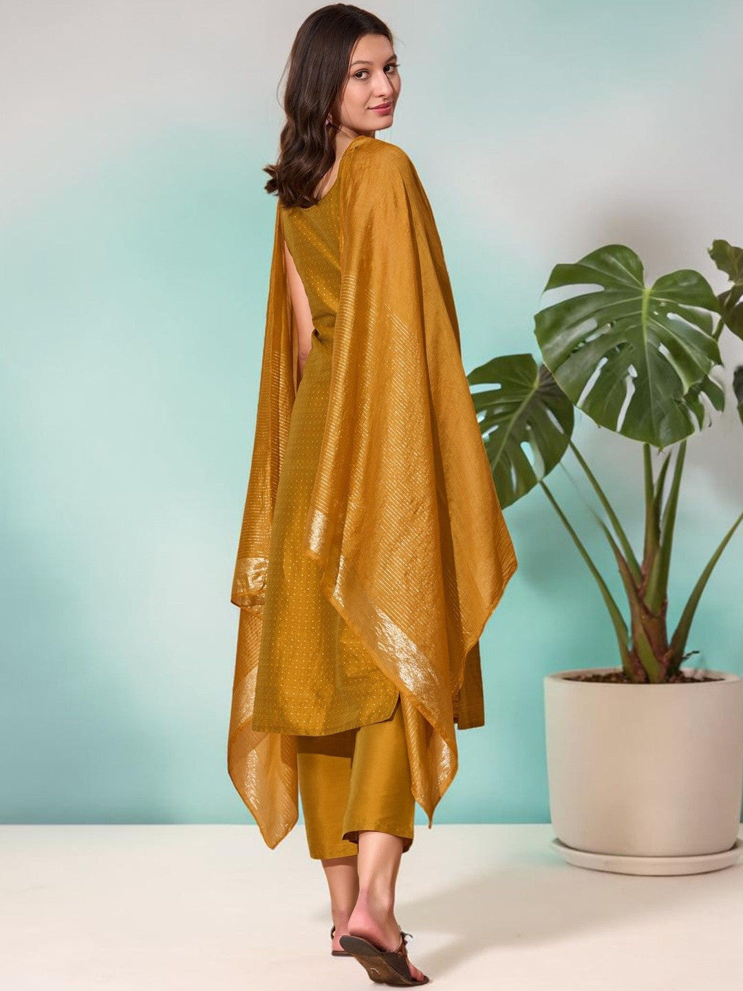 Woven Design Round Neck Kurta & Trousers With Dupatta