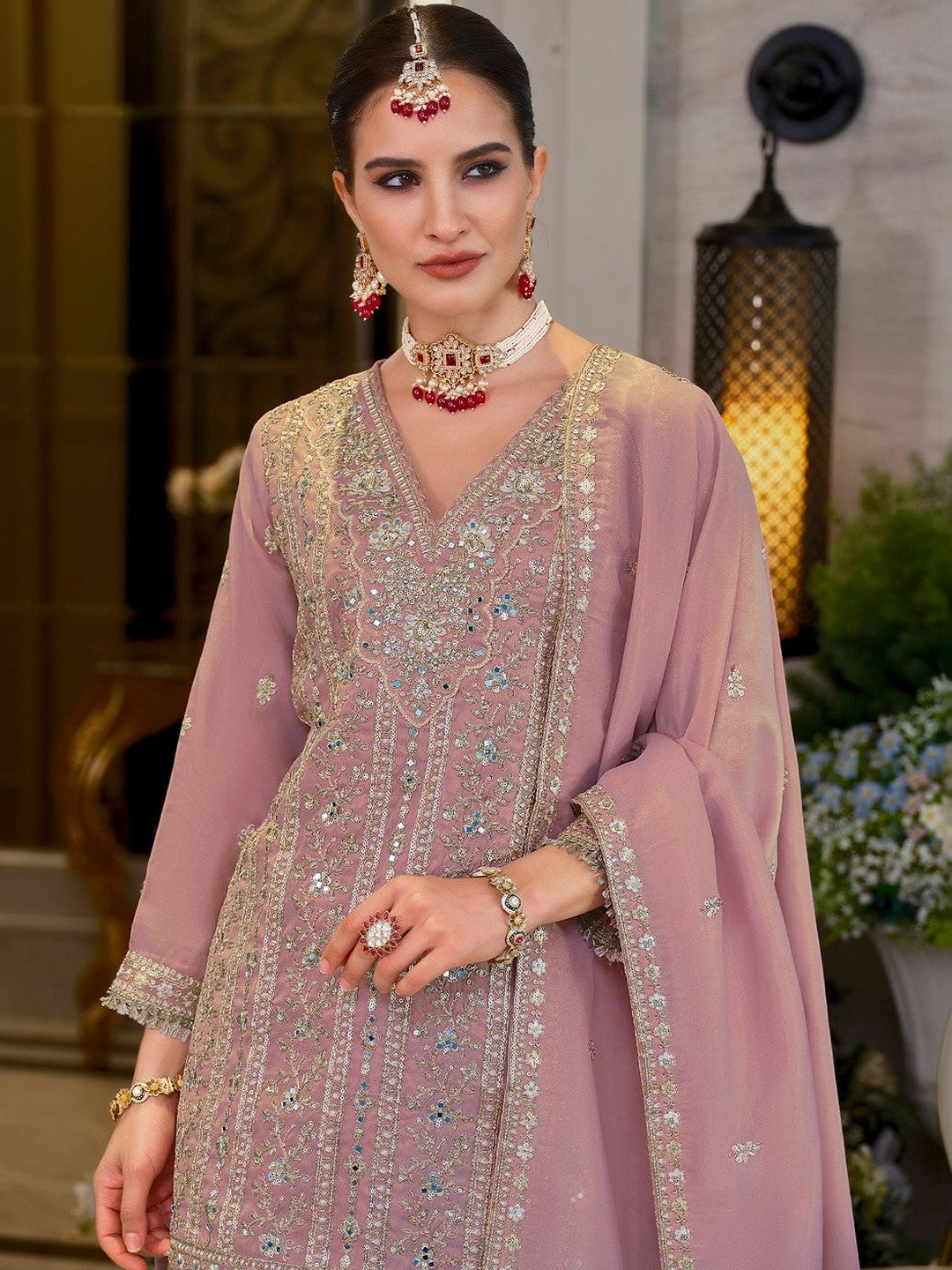 Women Ethnic Motifs Embroidered Regular Mirror Work Kurta with Sharara & With Dupatta