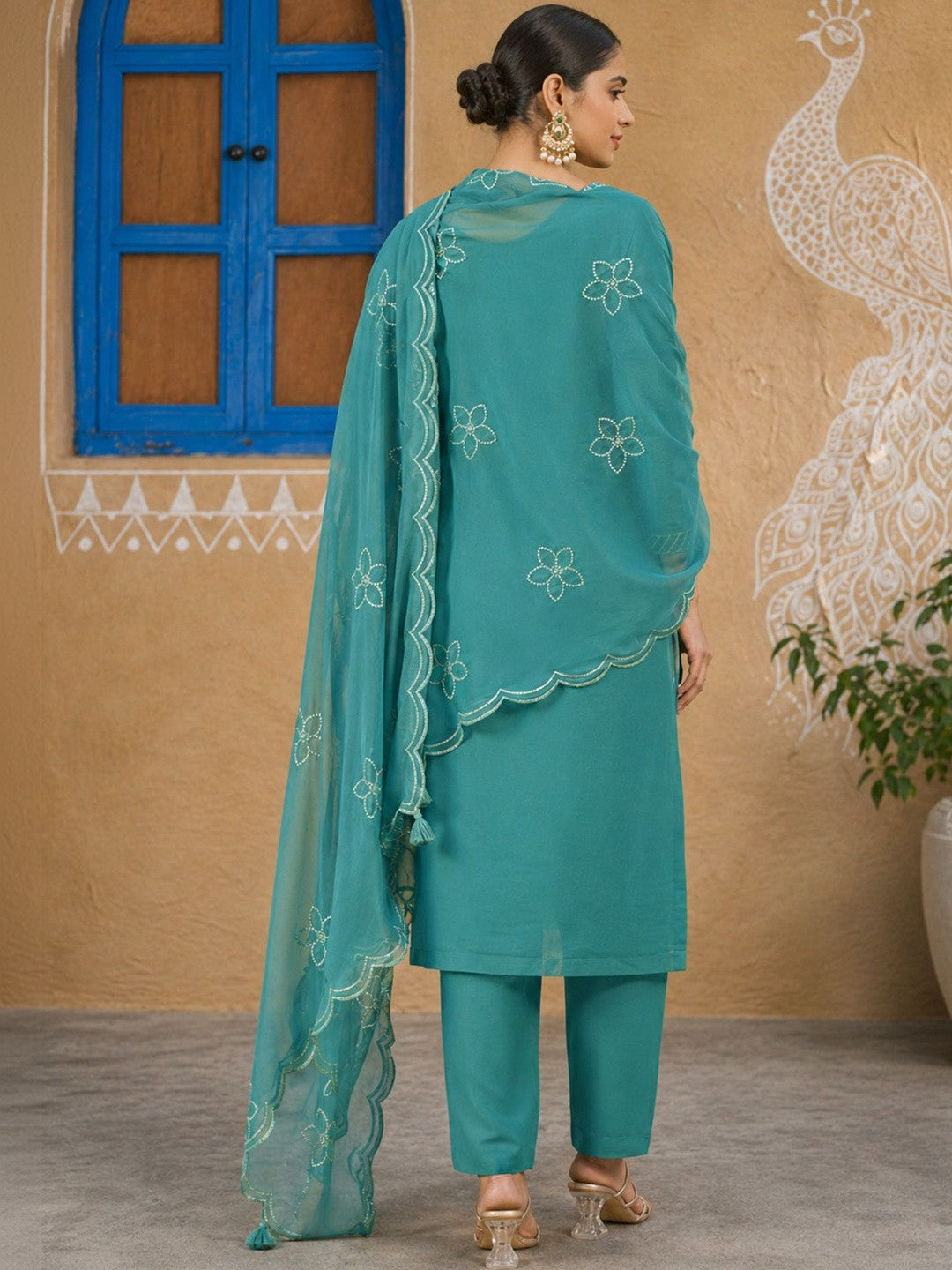 Embroidered Silk Blend Round Neck Kurta & Trousers With Dupatta
