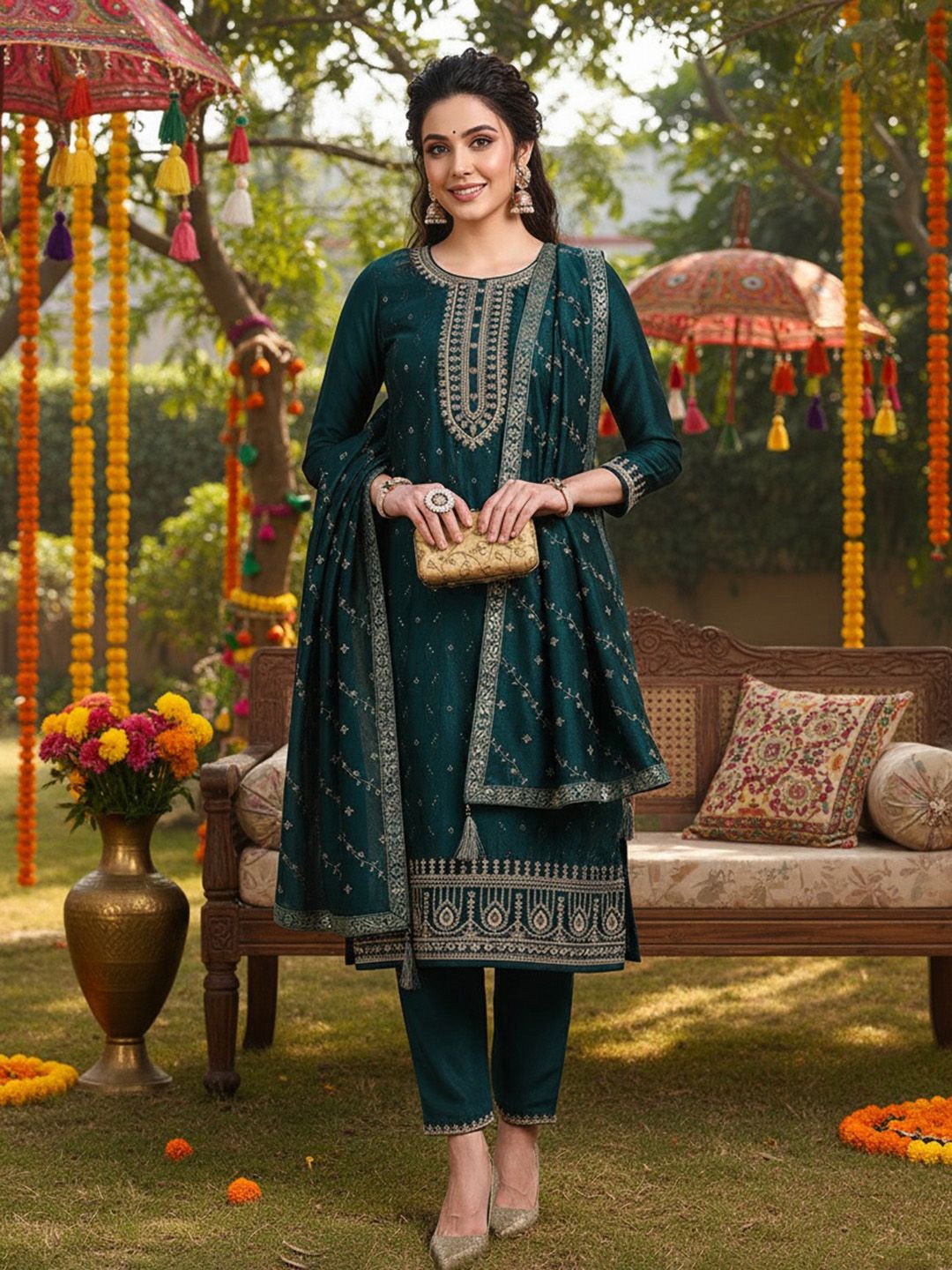 Dhiyona KL Ethnic Motifs Embroidered Regular Sequinned Kurta with Palazzos & With Dupatta