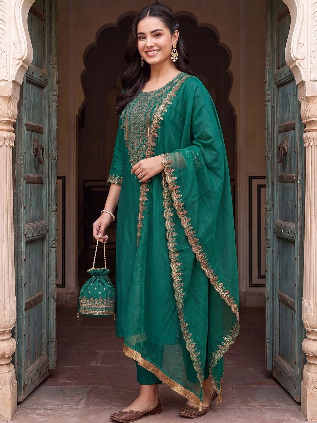 Women Ethnic Motifs Embroidered Regular Liva Kurta with Trousers & With Dupatta