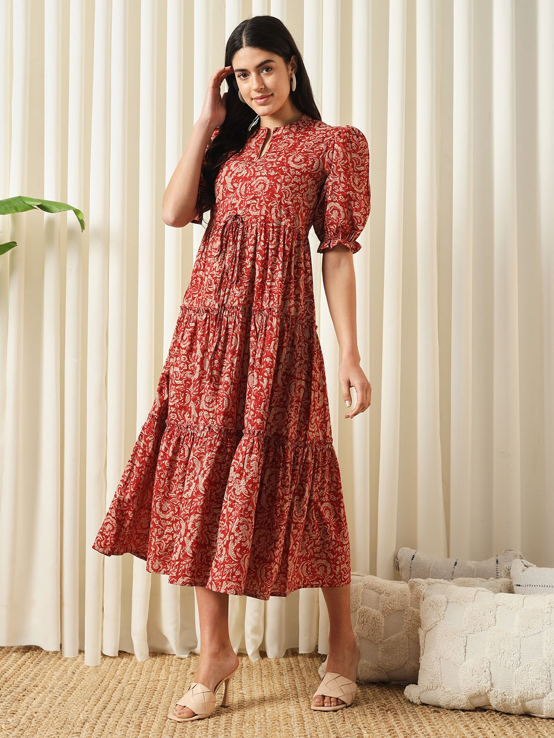 Women Red A-Line Pure Cotton Dress Women Red A-Line Pure Cotton Dress