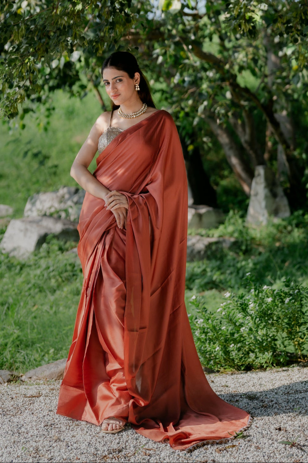 Dhiyona ST Satin Terracotta Saree with Swarovski-Style Lace & Self Blouse Fabric