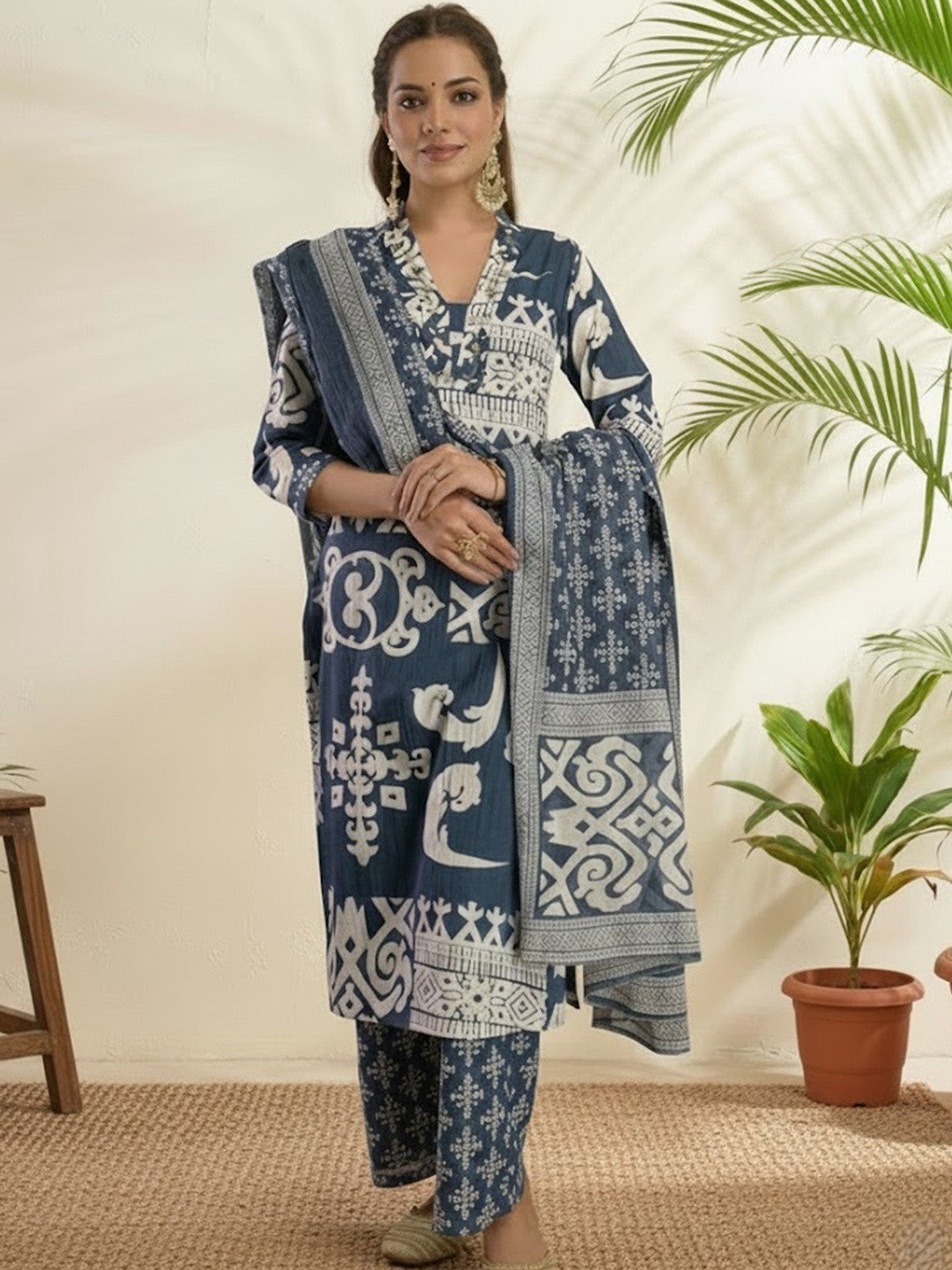 Printed Pure Cotton V-Neck Kurta & Trousers With Dupatta