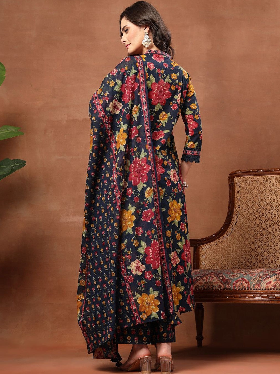 Printed Pure Cotton V-Neck Kurta & Palazzos Kurta Set