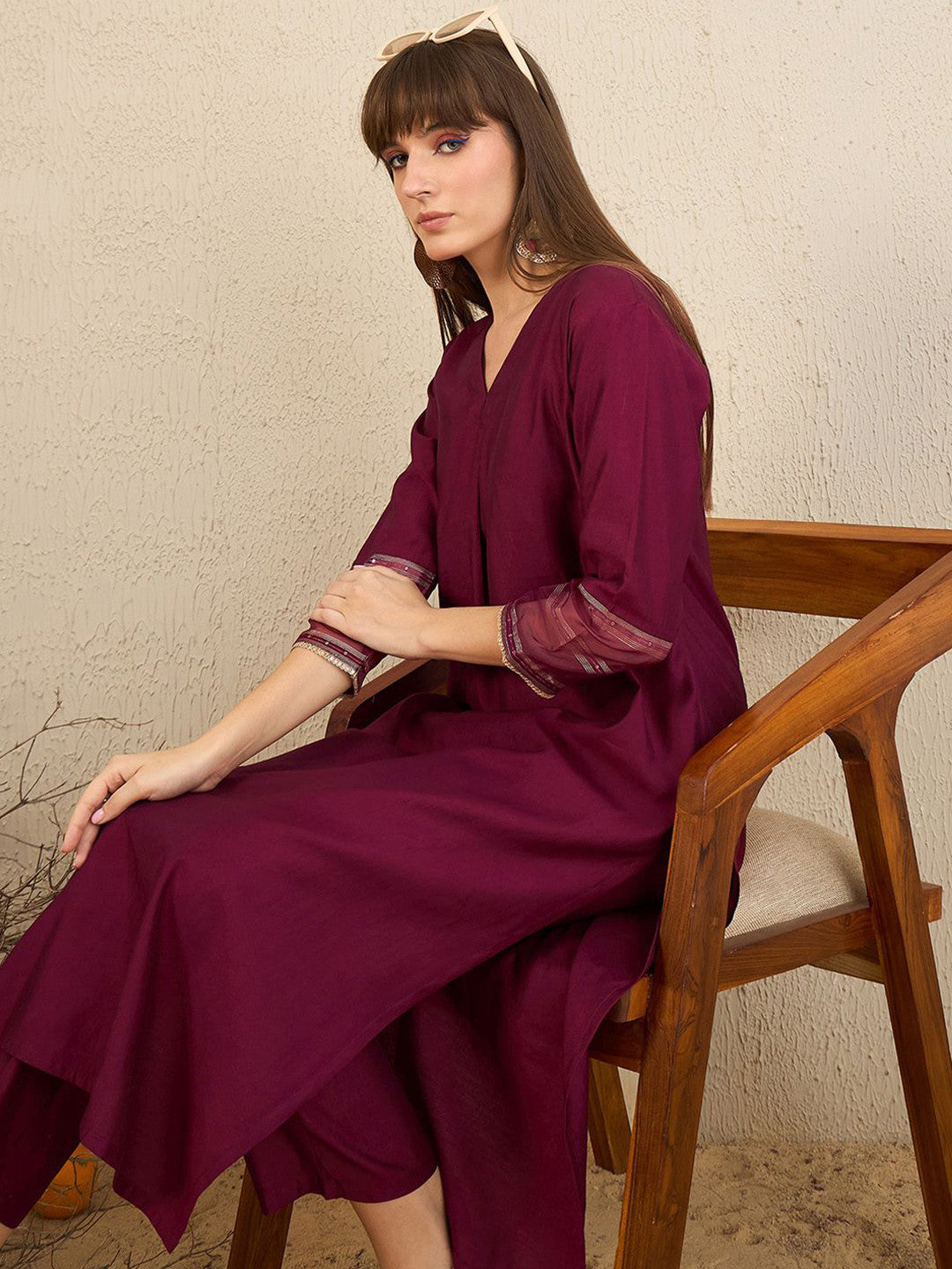 V Neck Pleated Straight Kurta With Trousers