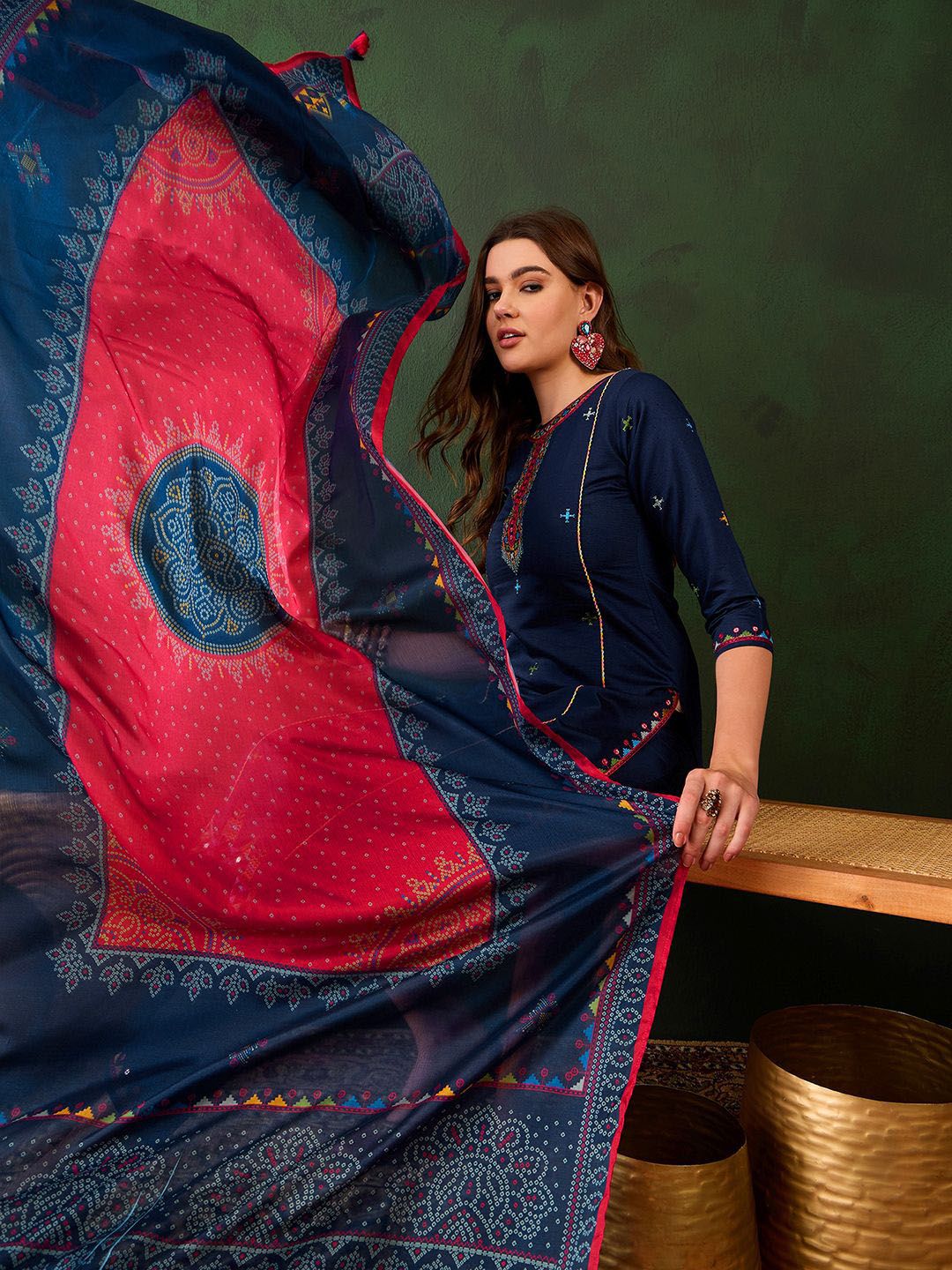 Dhiyona SN Women's Sequence Embroidered Straight Kurta & Trousers With Dupatta