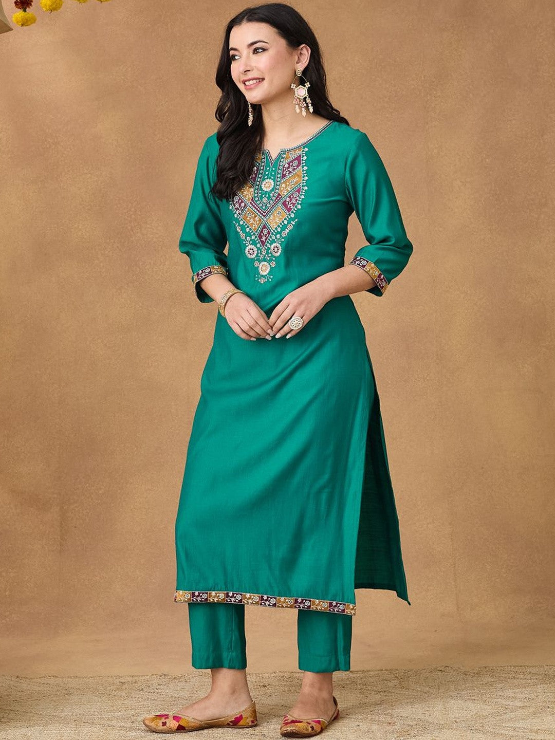 Embroidered Kurta Trousers Printed Dupatta Set