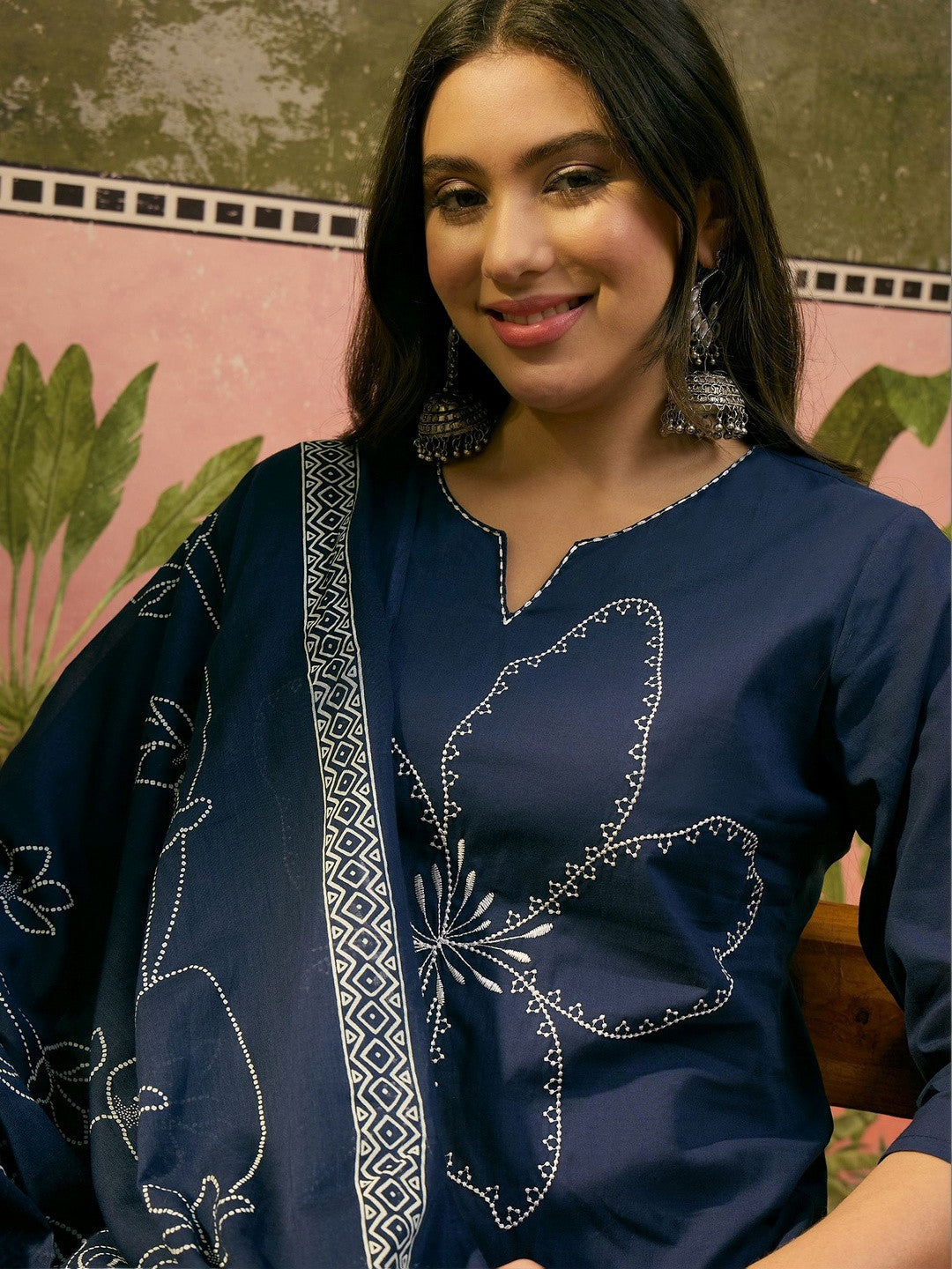 Floral Embroidered Pure Cotton Straight Kurta & Trousers With Dupatta