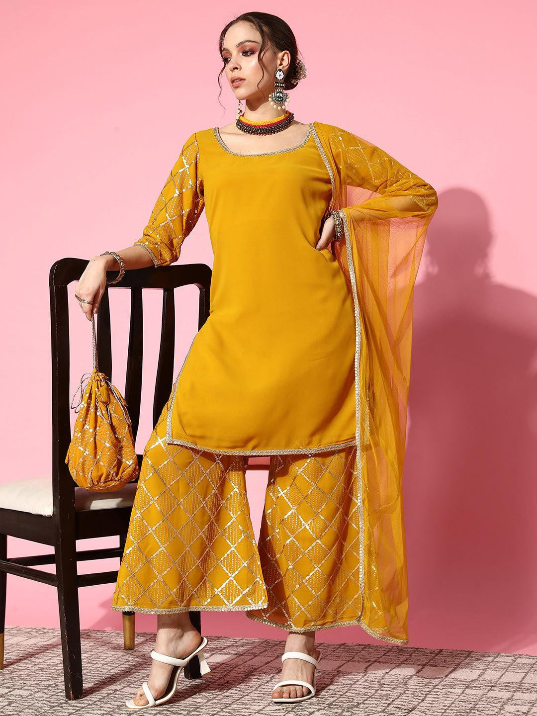 Women Regular Sequinned Kurta with Sharara & With Dupatta