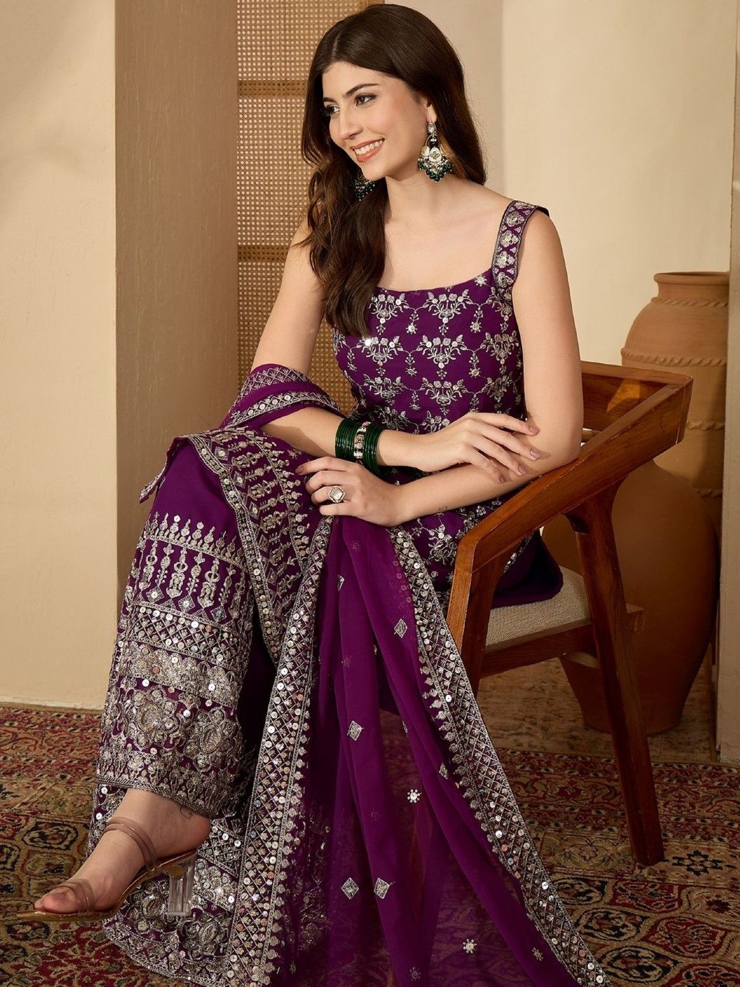 Dhiyona SN Ethnic Motifs Embroidered Sequinned Straight Kurta with Sharara & Dupatta