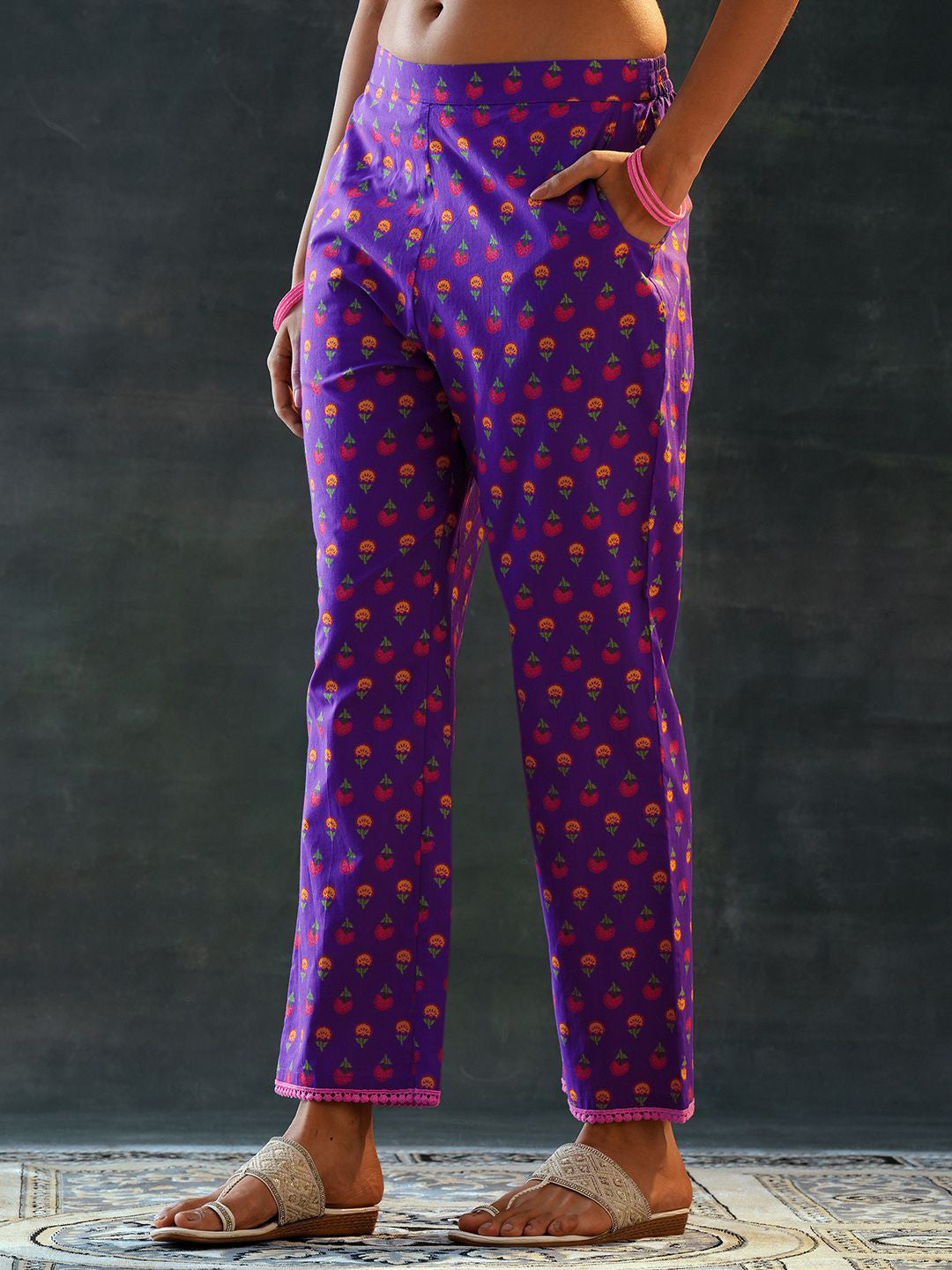 Floral Printed V-Neck Straight Kurta With Trouser & Dupatta