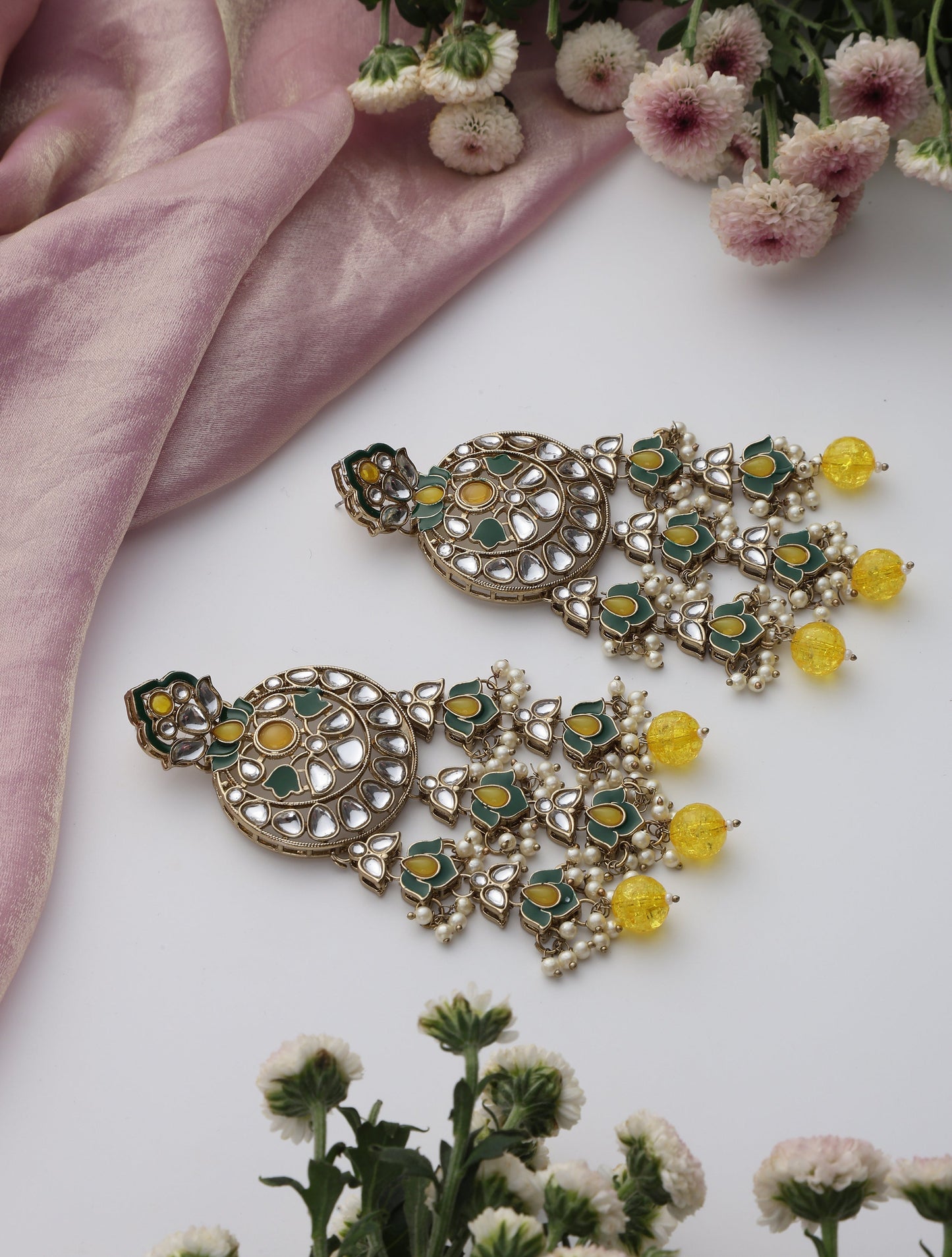 Dhiyona ST Yellow Color Kundan Long Earrings