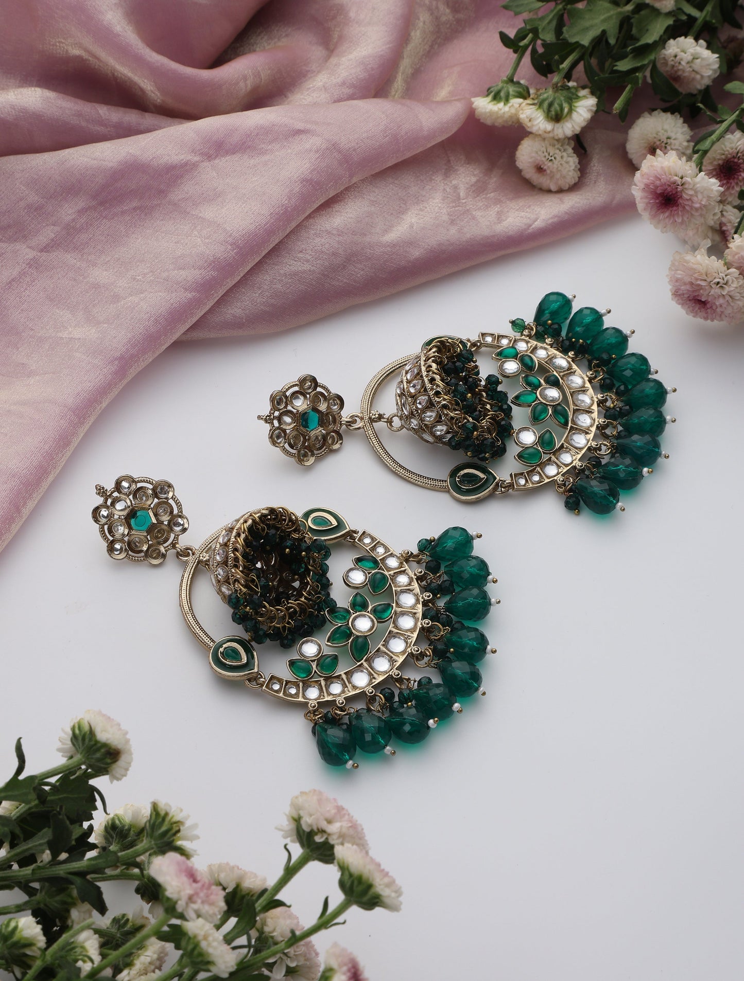 Dhiyona ST Green Round Color Kundan Jhumka Earrings