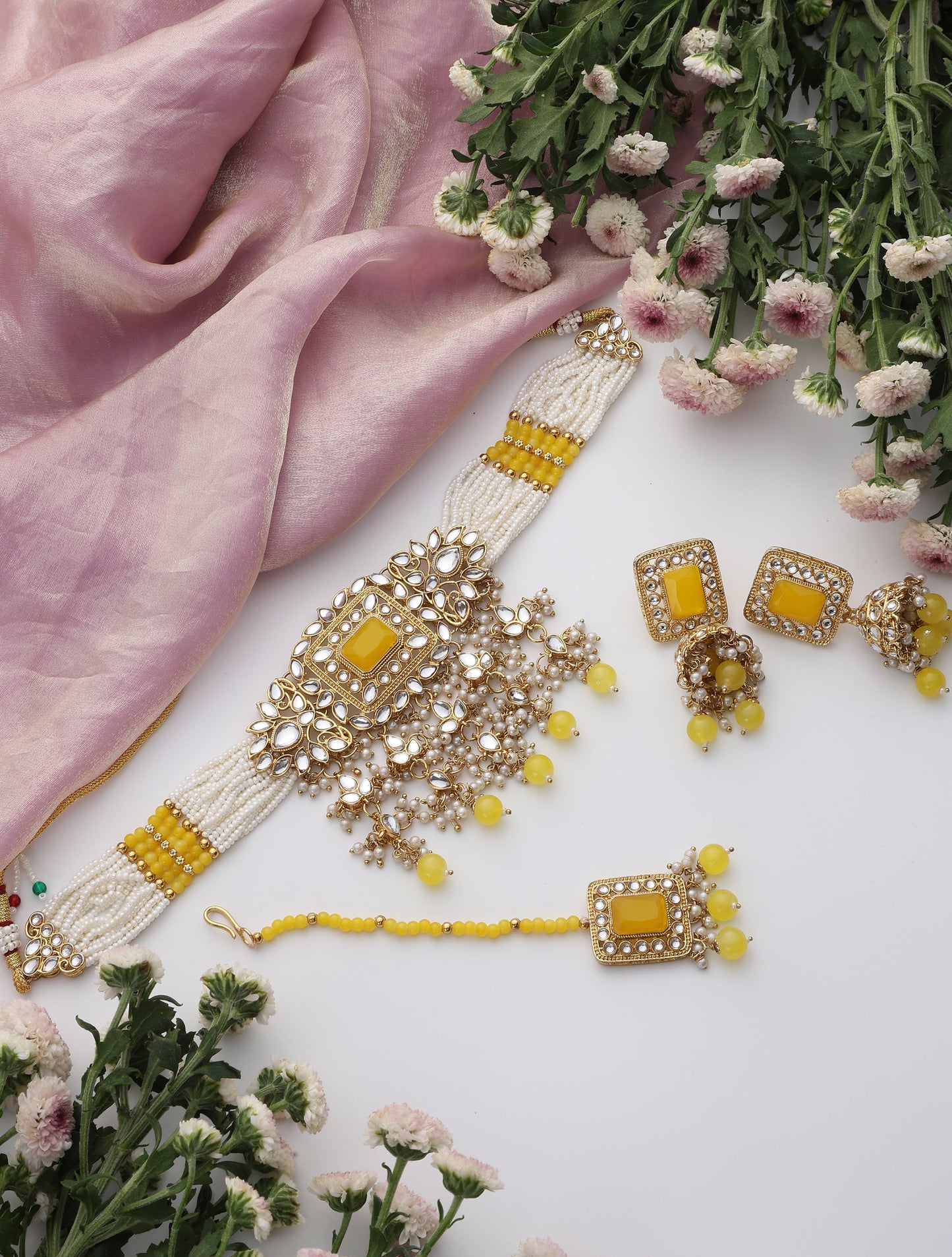 Dhiyona ST Yellow Pearl Choker Kundan Necklace, Earring and Maang Teeka Set