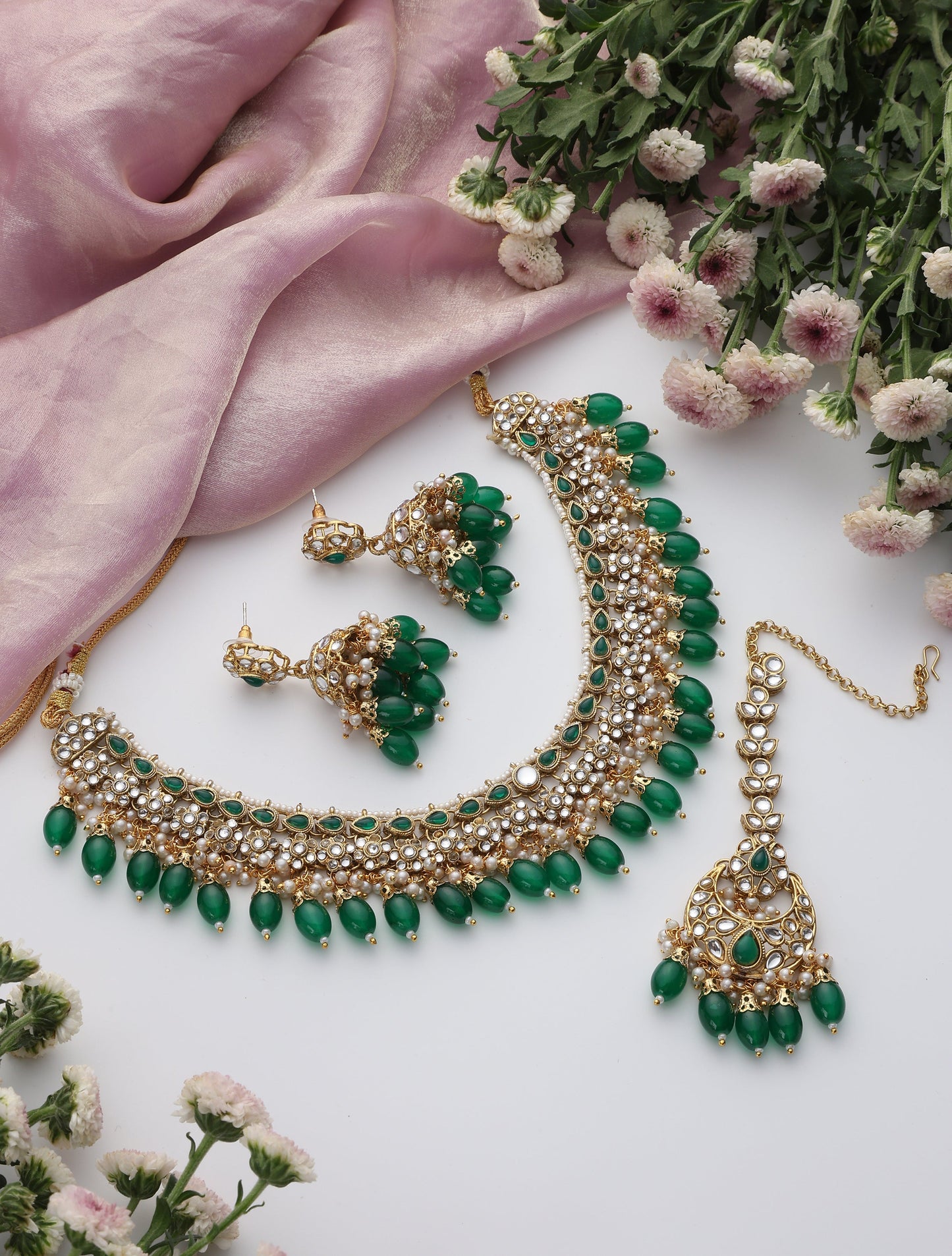 Dhiyona ST Green Color Kundan Necklace, Earring and Maang Teeka Set