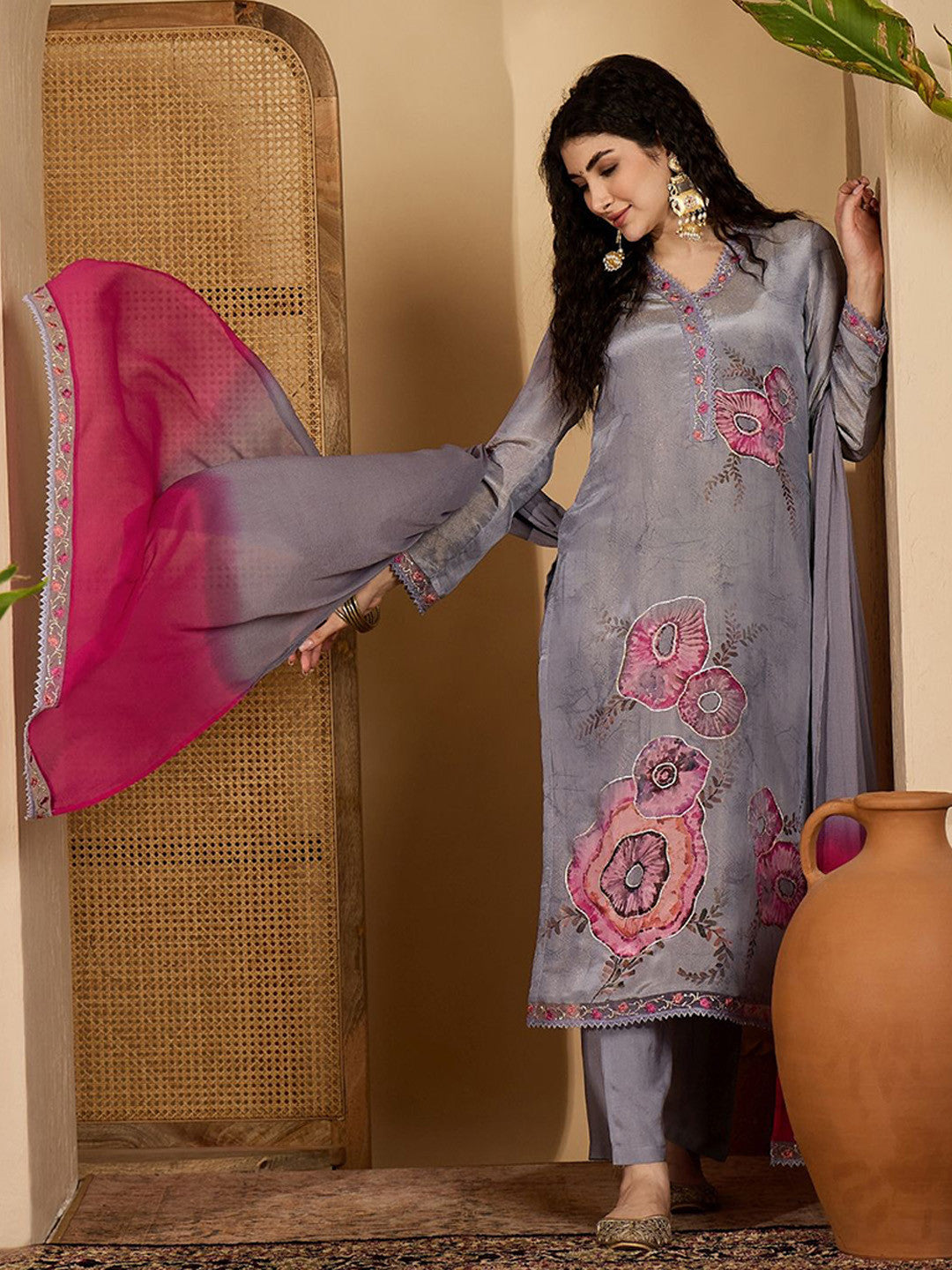Simmar Floral Printed V-Neck Thread Work Simmar Silk Kurta With Trousers & Dupatta