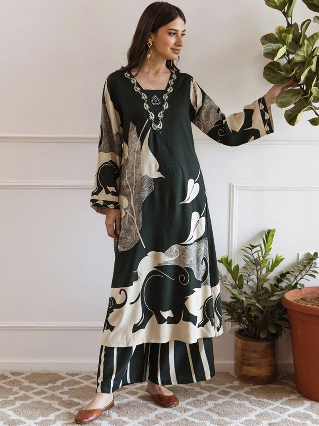 Printed Beads and Stones A-Line Kurta with Palazzos