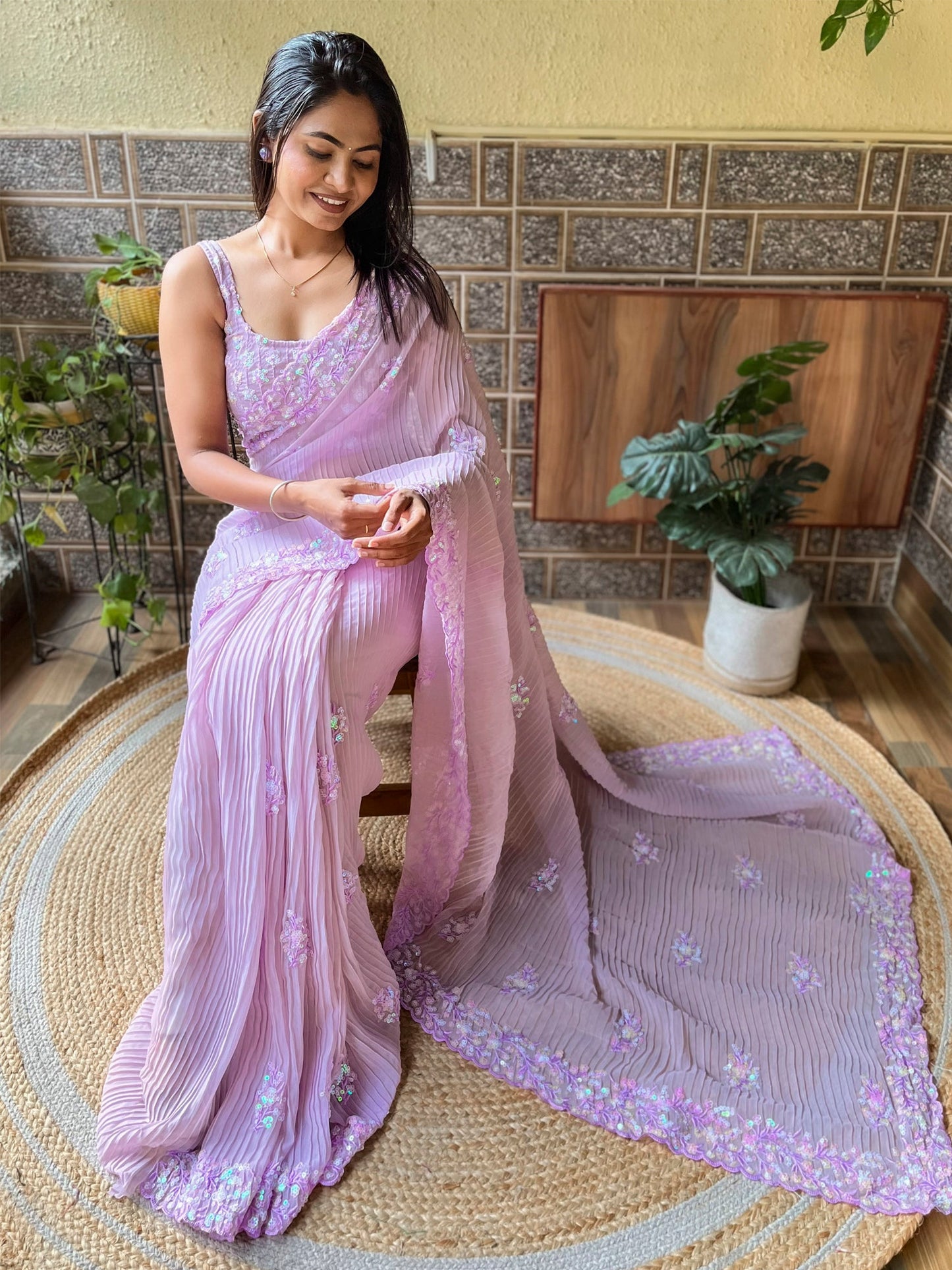 Women's Georgette Lavendar Embellished Designer Saree With Blouse Piece
