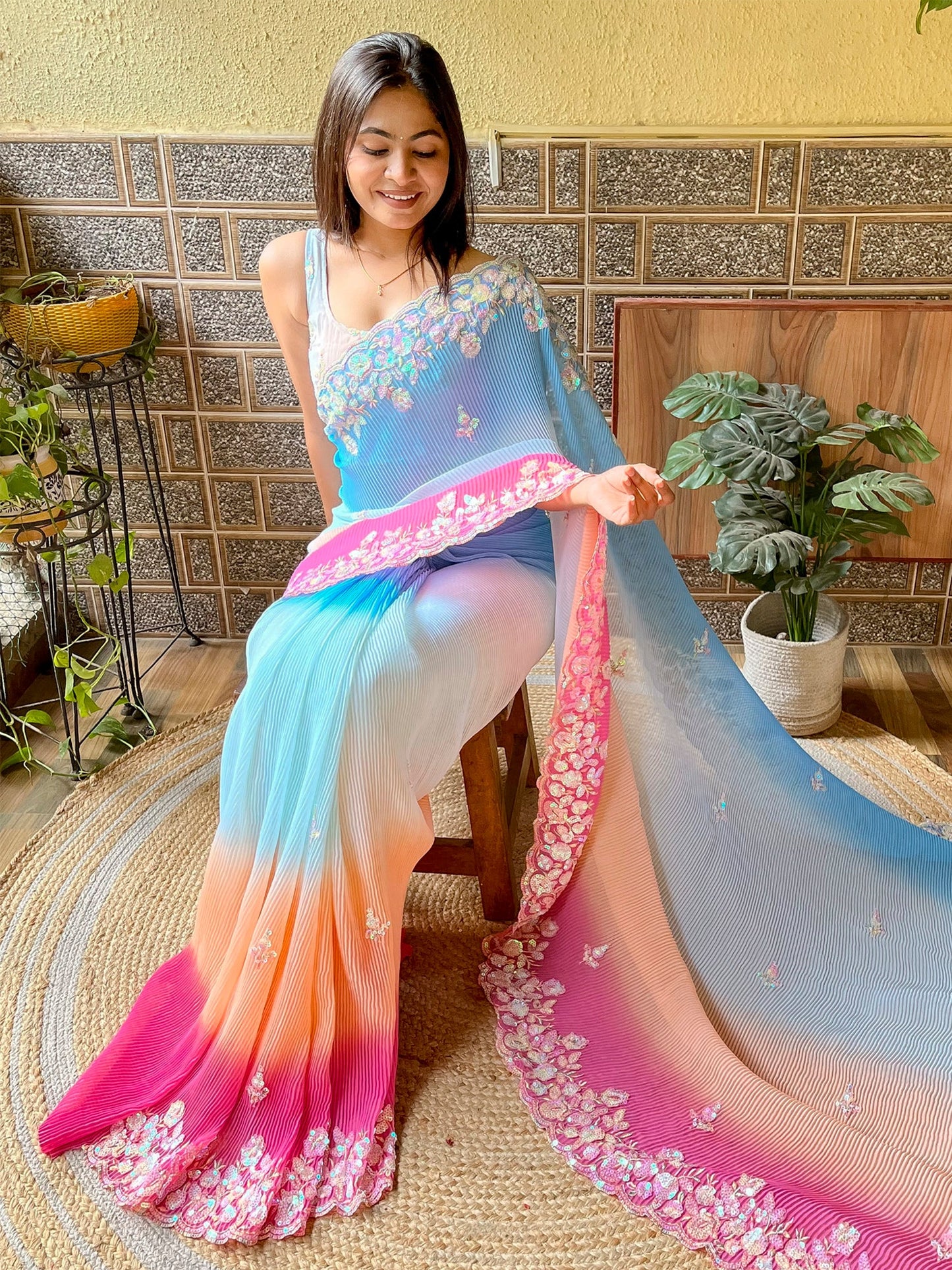 Women's Georgette Light Blue Embellished Designer Saree With Blouse Piece