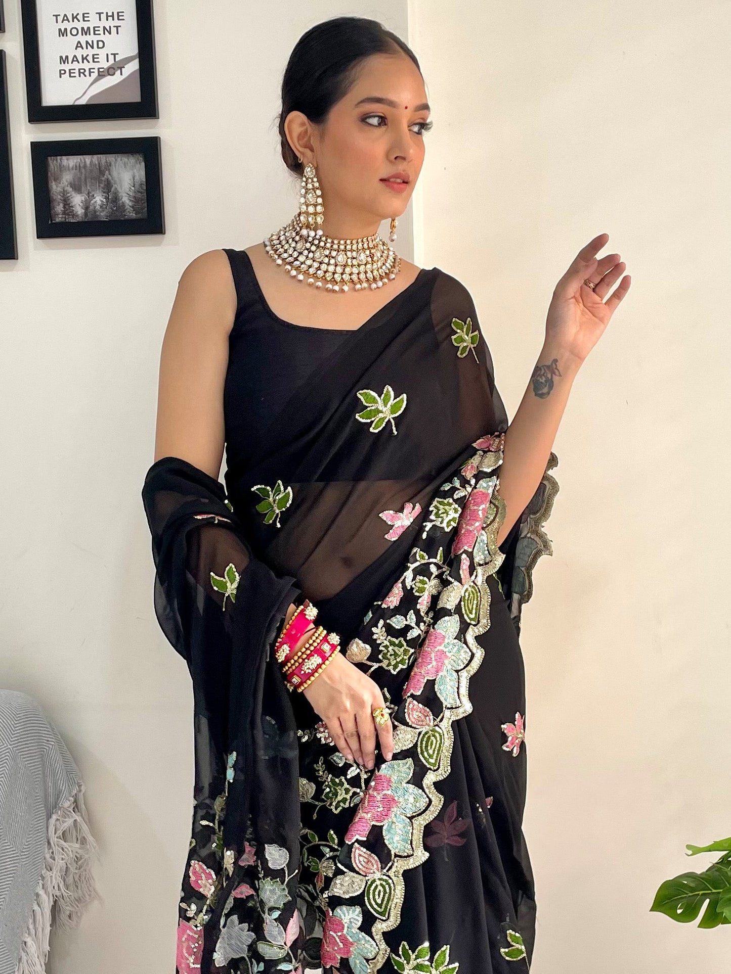 Women's Georgette Black Embellished Designer Saree With Blouse Piece