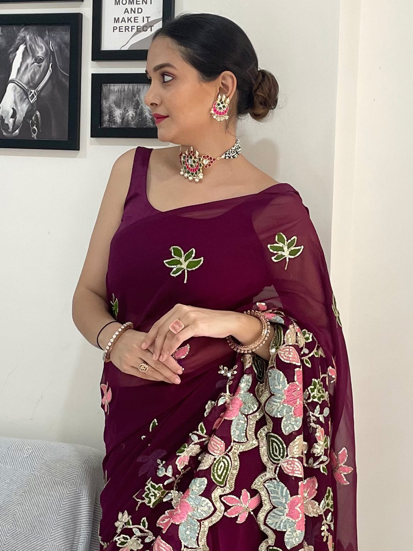 Women's Georgette Burgundy Embellished Designer Saree With Blouse Piece