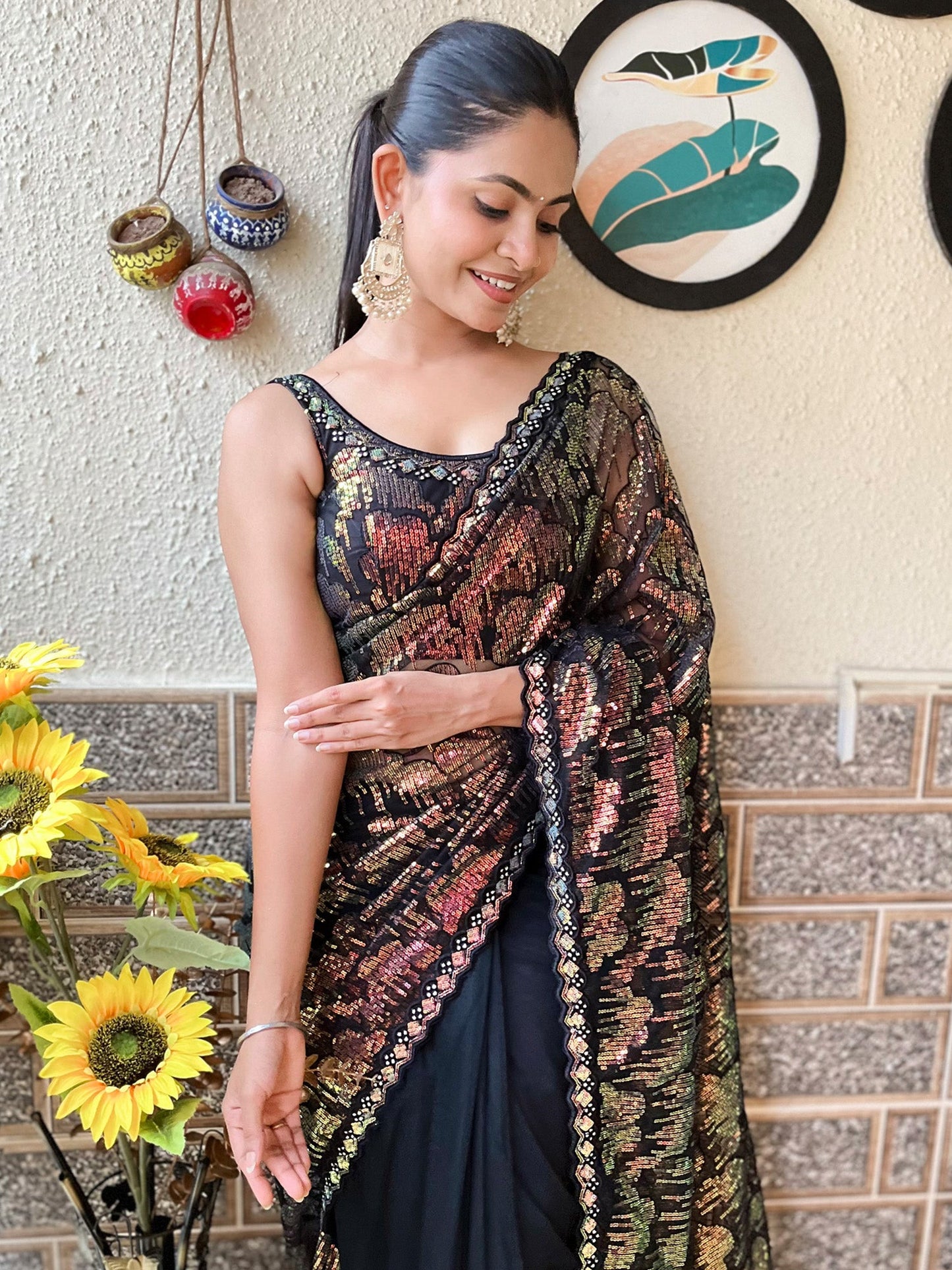Women's Net Black Embellished Designer Saree With Blouse Piece