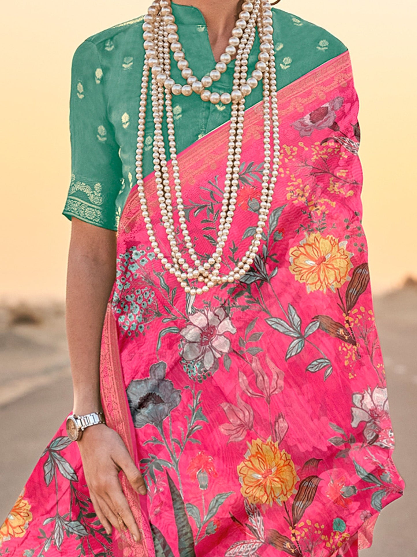 Women's Tissue Pink Printed Designer Saree With Blouse Piece