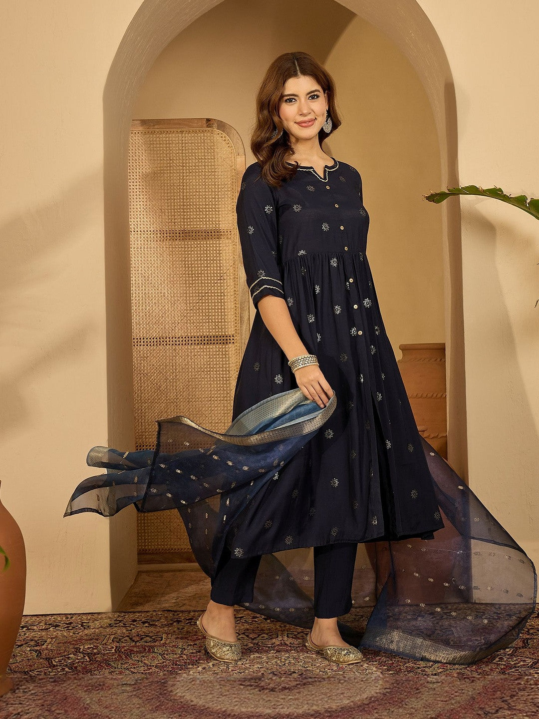 Women Navy Blue Printed Kurta Sets With Dupatta