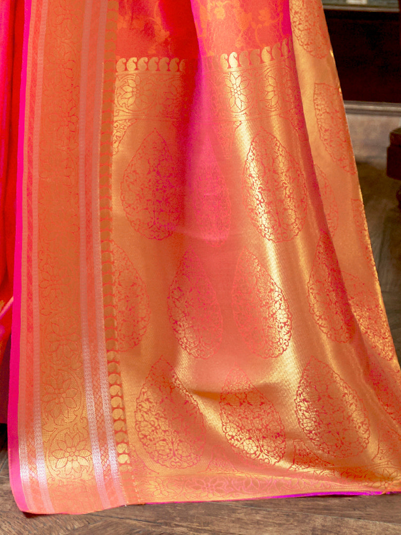 Women's Silk Blend Peach Woven Design Handloom Saree With Blouse Piece