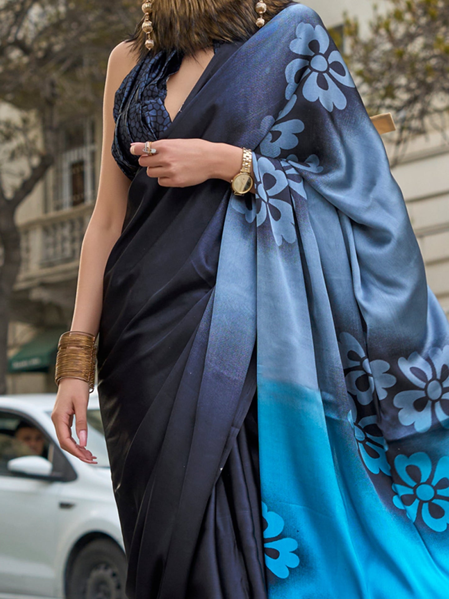 Women's Satin Black Printed Designer Saree With Blouse Piece