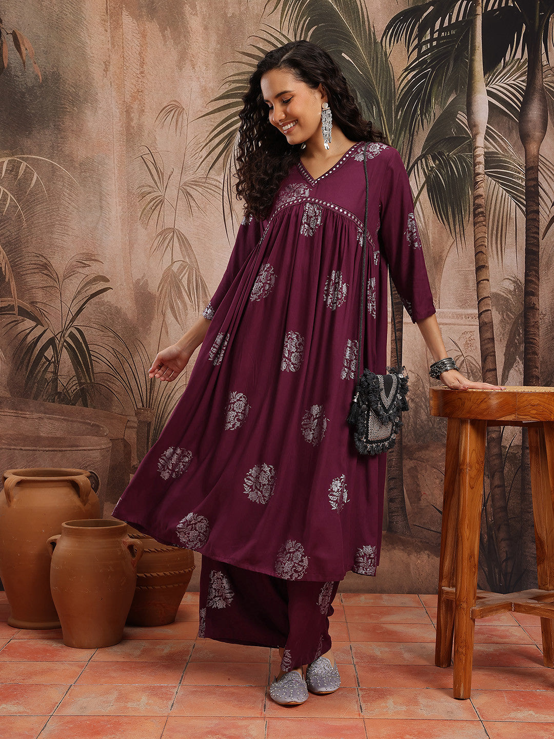 Floral Printed Empire Anarkali Kurta with Trousers
