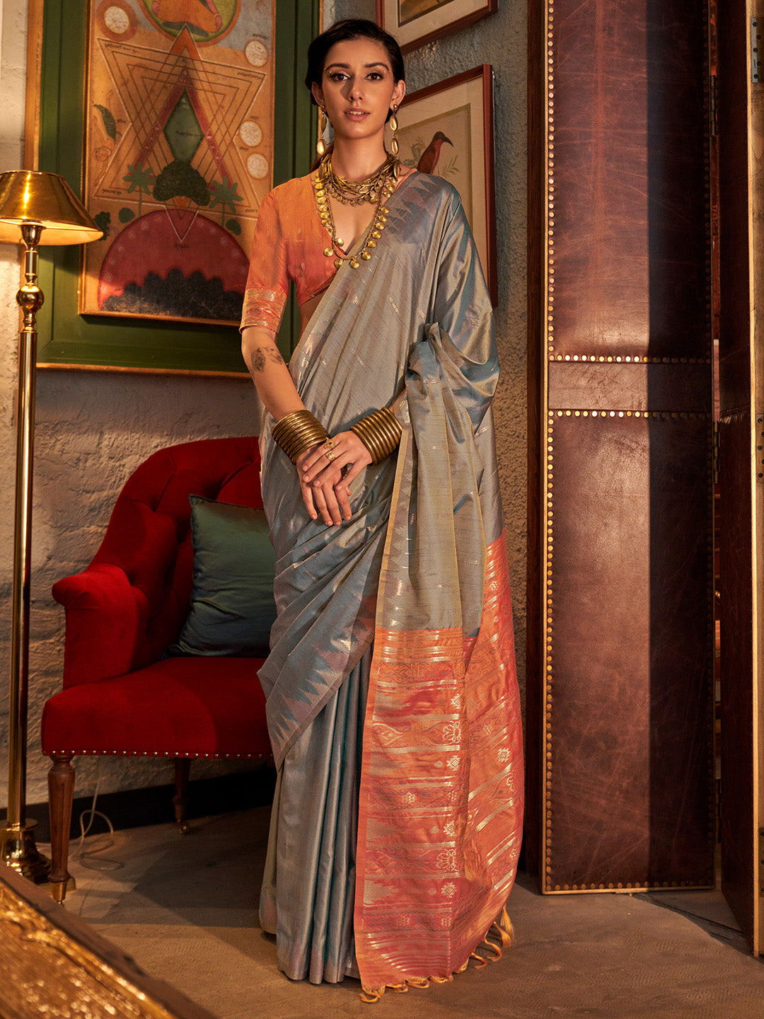 Women's Tussar Silk Peach Woven Design Designer Saree With Blouse Piece