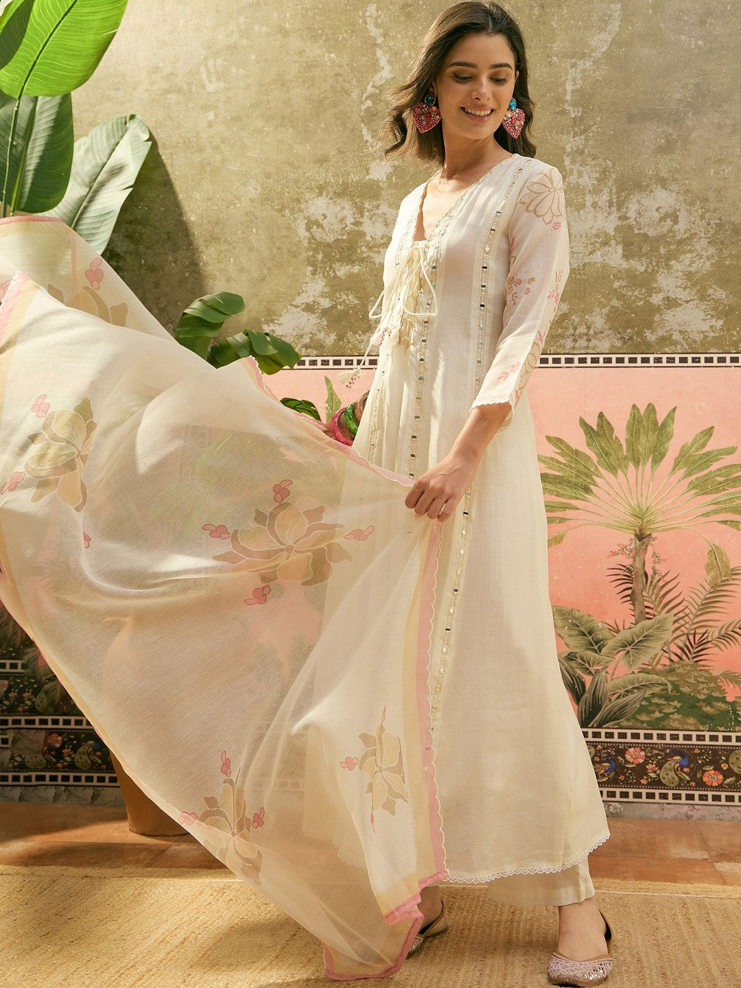 Embroidered V-Neck Anarkali Kurta & Trousers With Dupatta