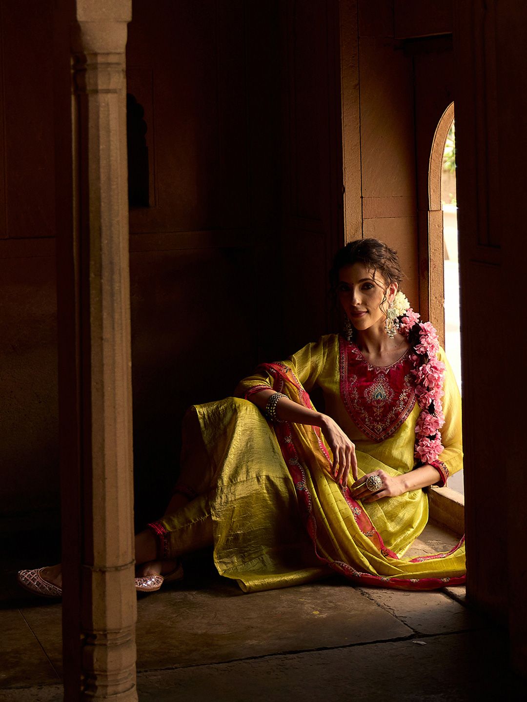 Dhiyona CH Floral Embroidered Sequinned A-Line Kurta With Trousers & Dupatta