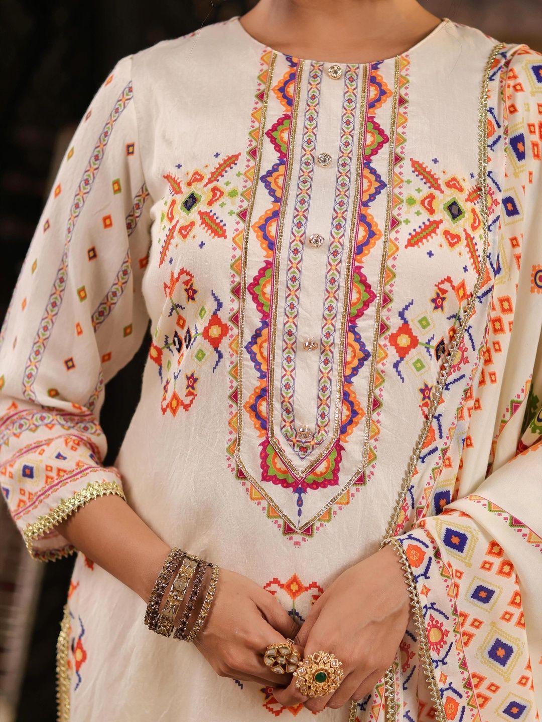 Dhiyona SC Women Ivory Printed Patola Mirror Work Chanderi Silk Kurta & Sharara With Dupatta