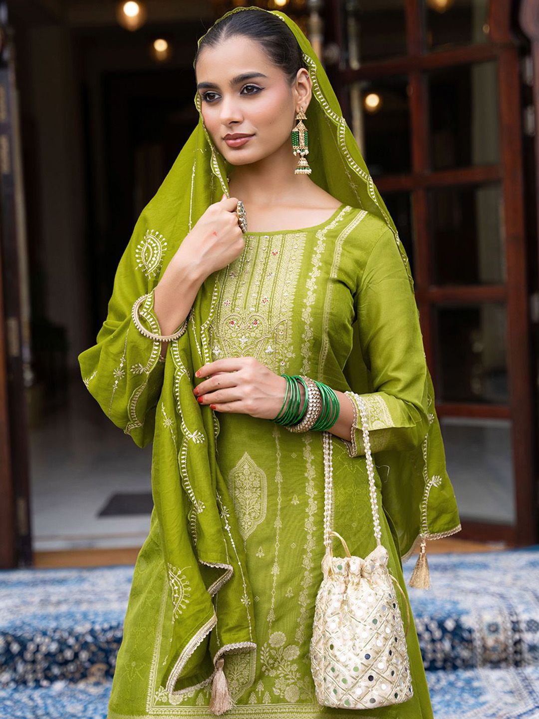 Dhiyona CH Ethnic Motifs Embroidered Thread Work Straight Kurta With Palazzos & Dupatta