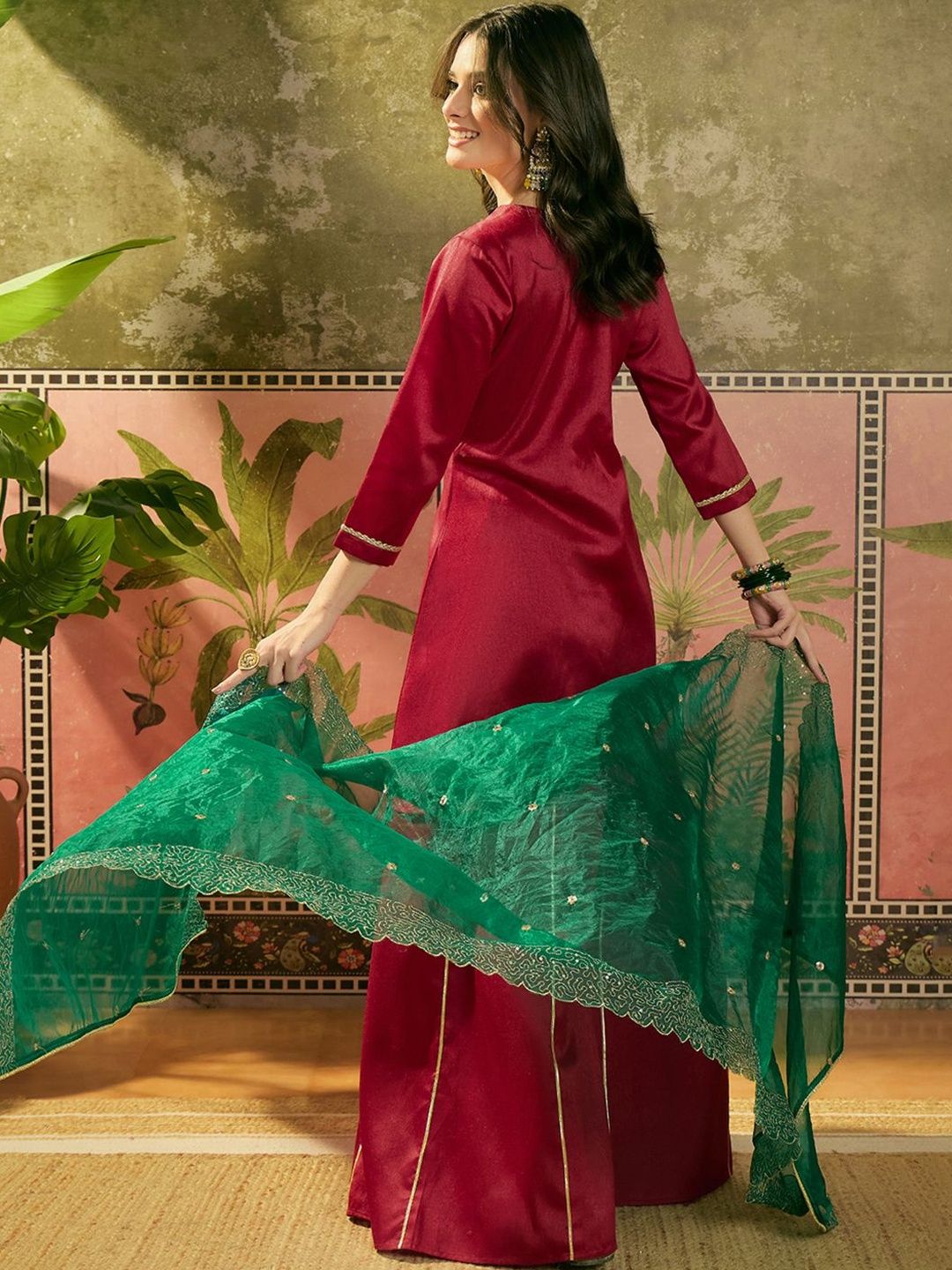 Dhiyona SN Embroidered A-Line Kurta With Palazzo & Dupatta