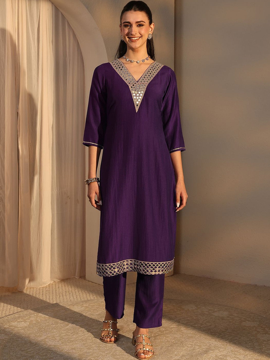 Purple Mirror Work Yoke Design Straight Kurta Set