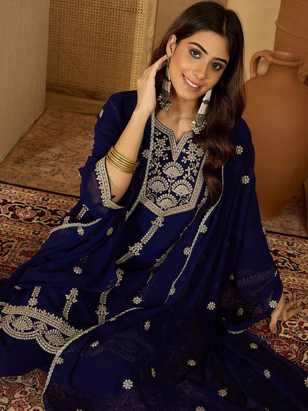 Dhiyona SN Zari Sequence Embroidered Georgette Kurta With Palazzo And Dupatta