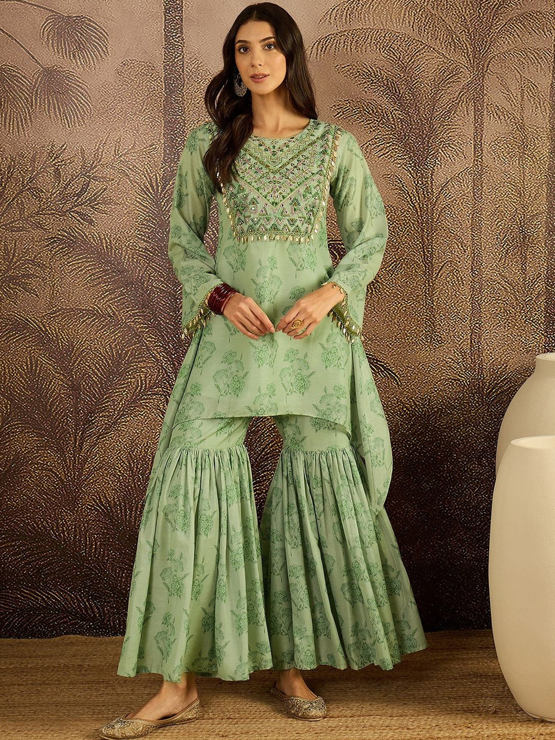 Women Floral Embroidered Regular Beads and Stones Kurta with Sharara Kurta Sets