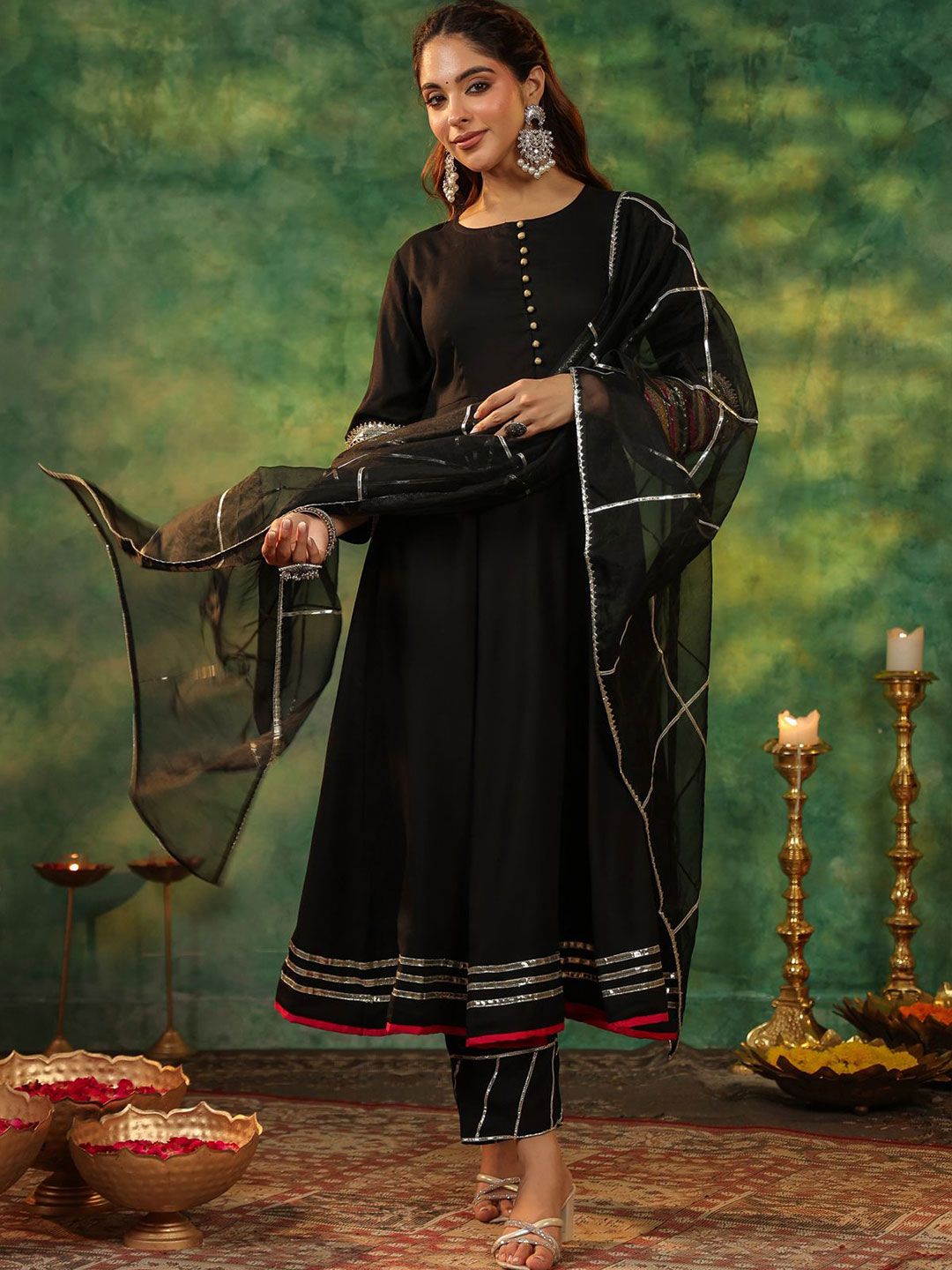Dhiyona RR Women's Regular Gotta Patti Anarkali Kurta With Trousers & Dupatta