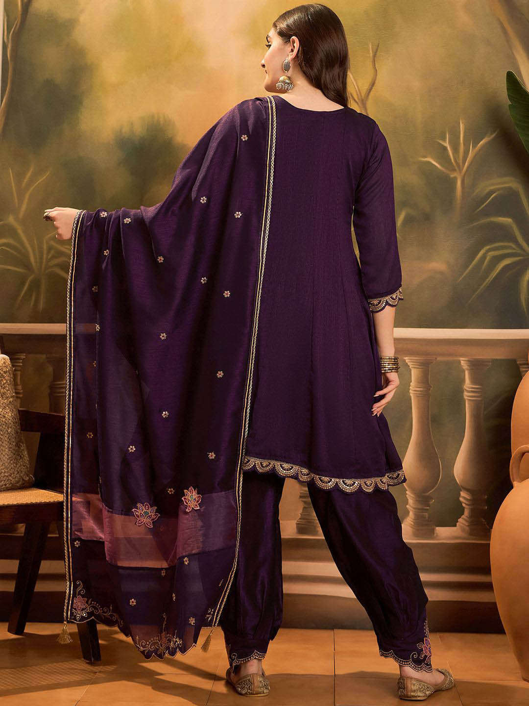 Zari & Sequin Embroidered A-Line Kurta & Salwar With Dupatta