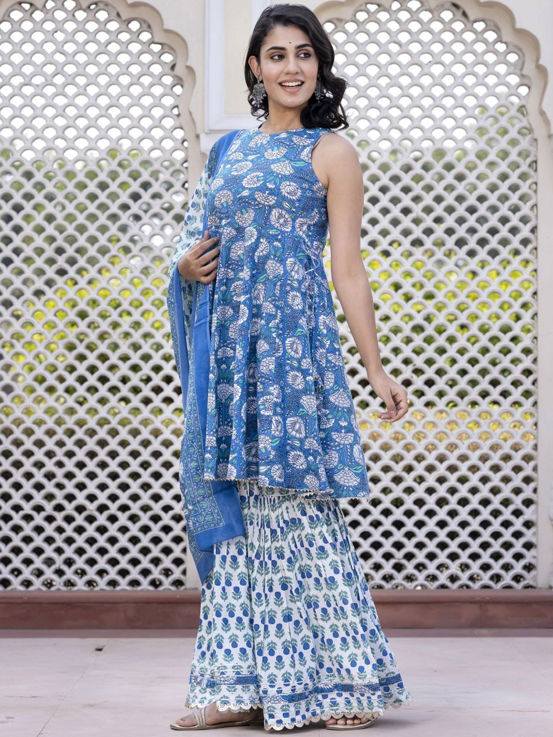 Dhiyona KL Floral Printed Anarkali Pure Cotton Kurta With Palazzos & Dupatta
