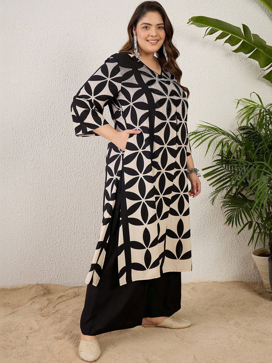 Plus Size Black Printed A-Line Kurta Palazzos Set