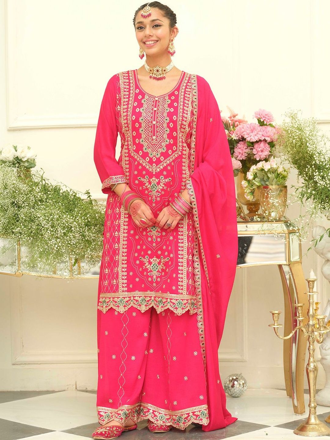 Dhiyona IE Women Ethnic Motifs Embroidered Regular Thread Work Kurta with Palazzos & With Dupatta